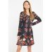 Black Floral Printed Long Sleeve A Line Dress